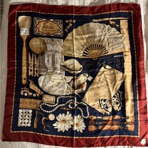 BALLY RARE Vintage “THINGS” 34x34 Silk Scarf with Maroon border.